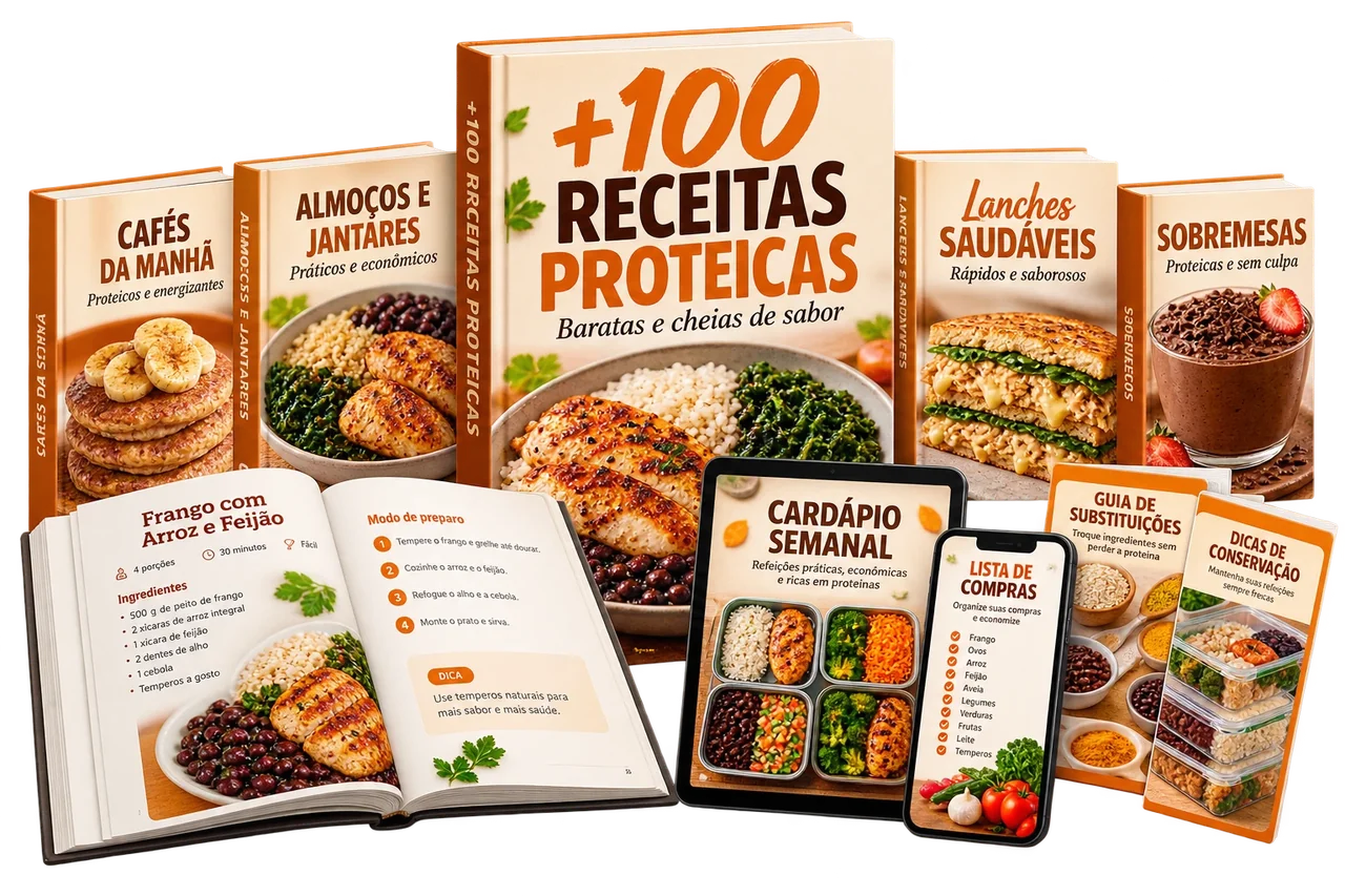 Kit digital +100 Receitas Proteicas com livros, páginas de receitas, tablet e celular